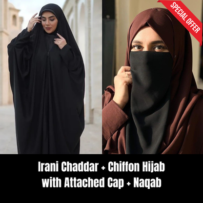 Premium Quality Irani Abaya + Chiffon Hijab with Attached Cap + Naqab